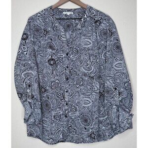Notations Black White Paisley Long Tab Sleeve Blouse Women Size 2X